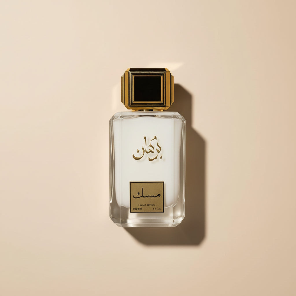 Perfume bottle with floral elements on a neutral background