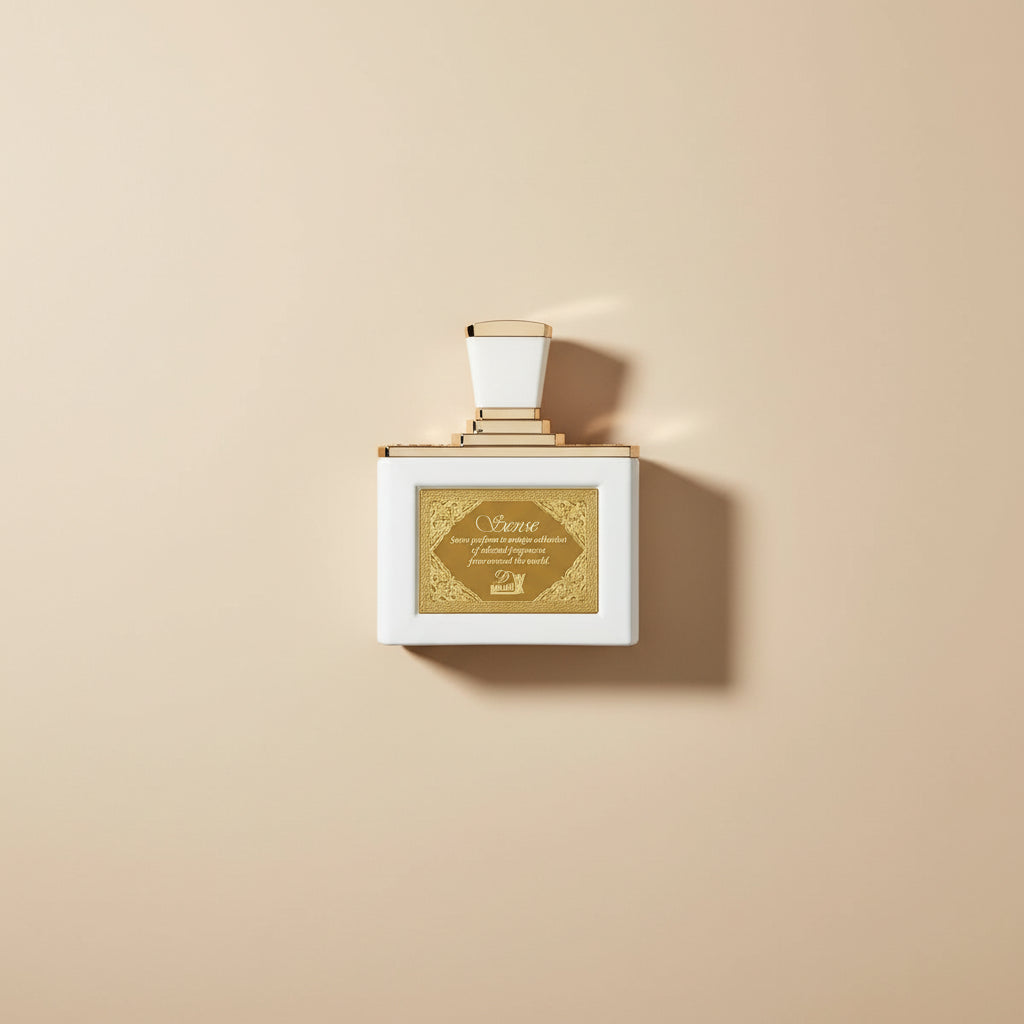 Perfume bottle with gold and white design on a white background