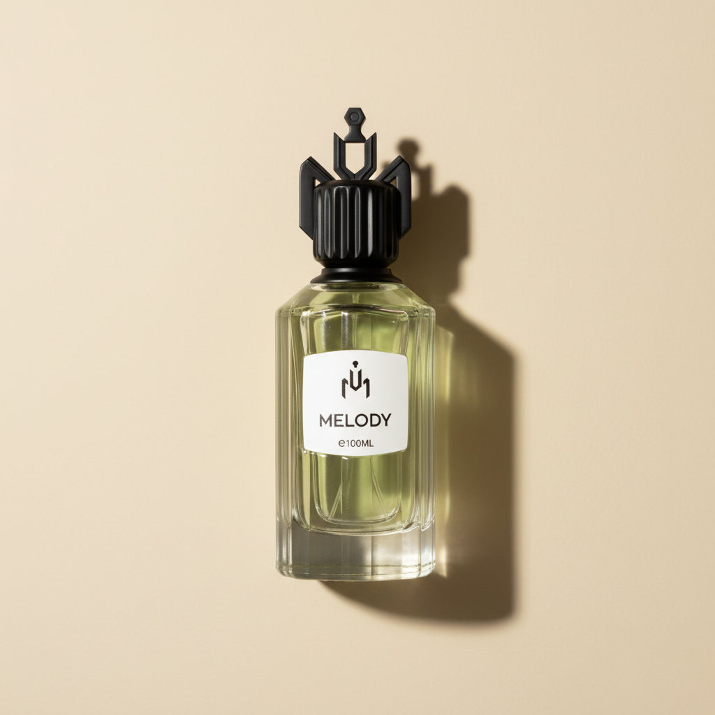 Perfume bottle labeled 'Melody' on a white background