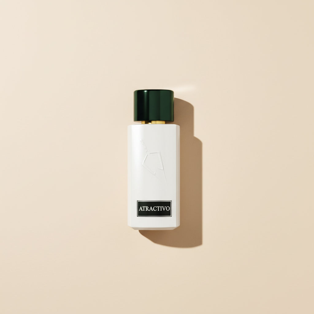 White perfume bottle with black cap and 'Atractivo' label on a white background