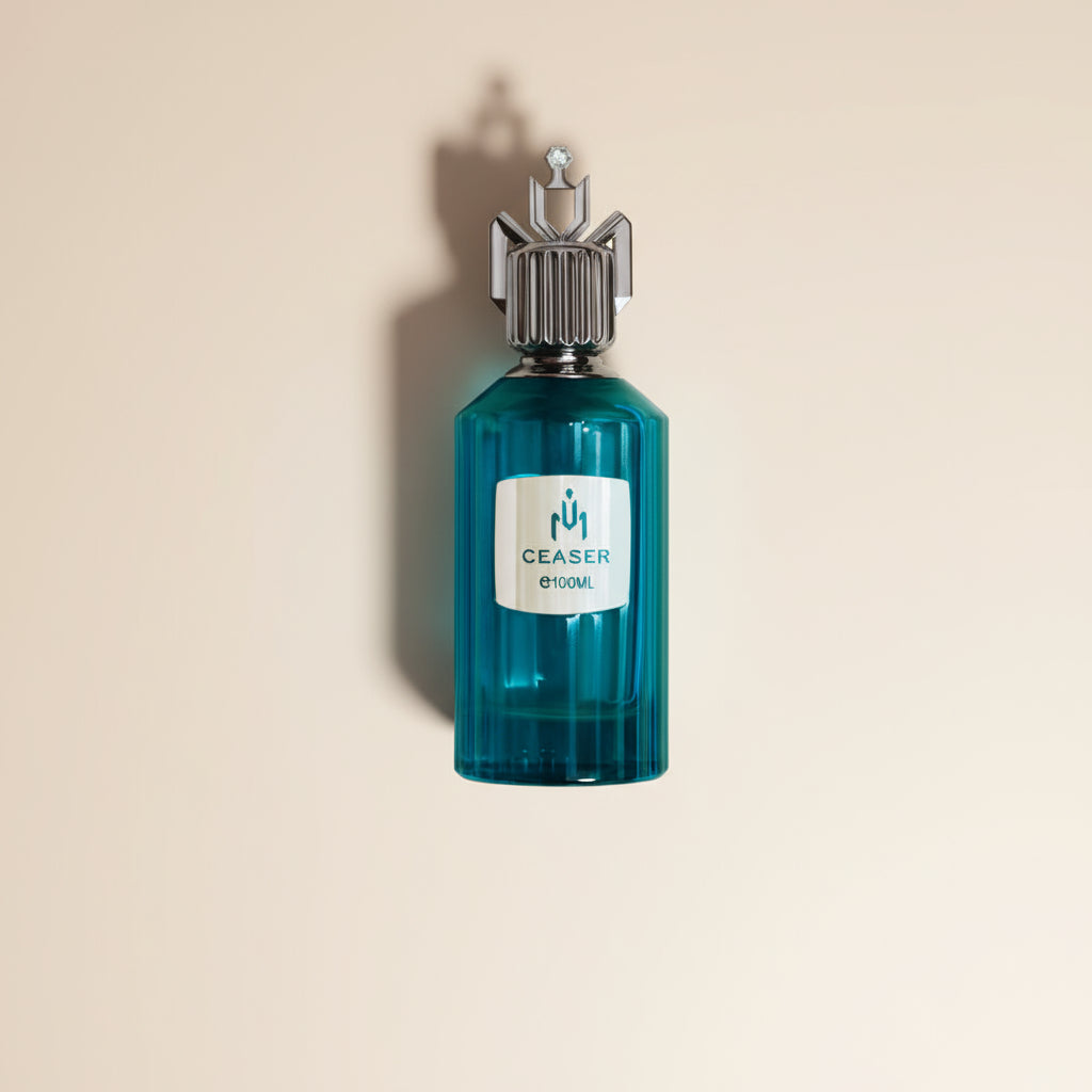 Blue perfume bottle with 'Ceaser' label on a white background