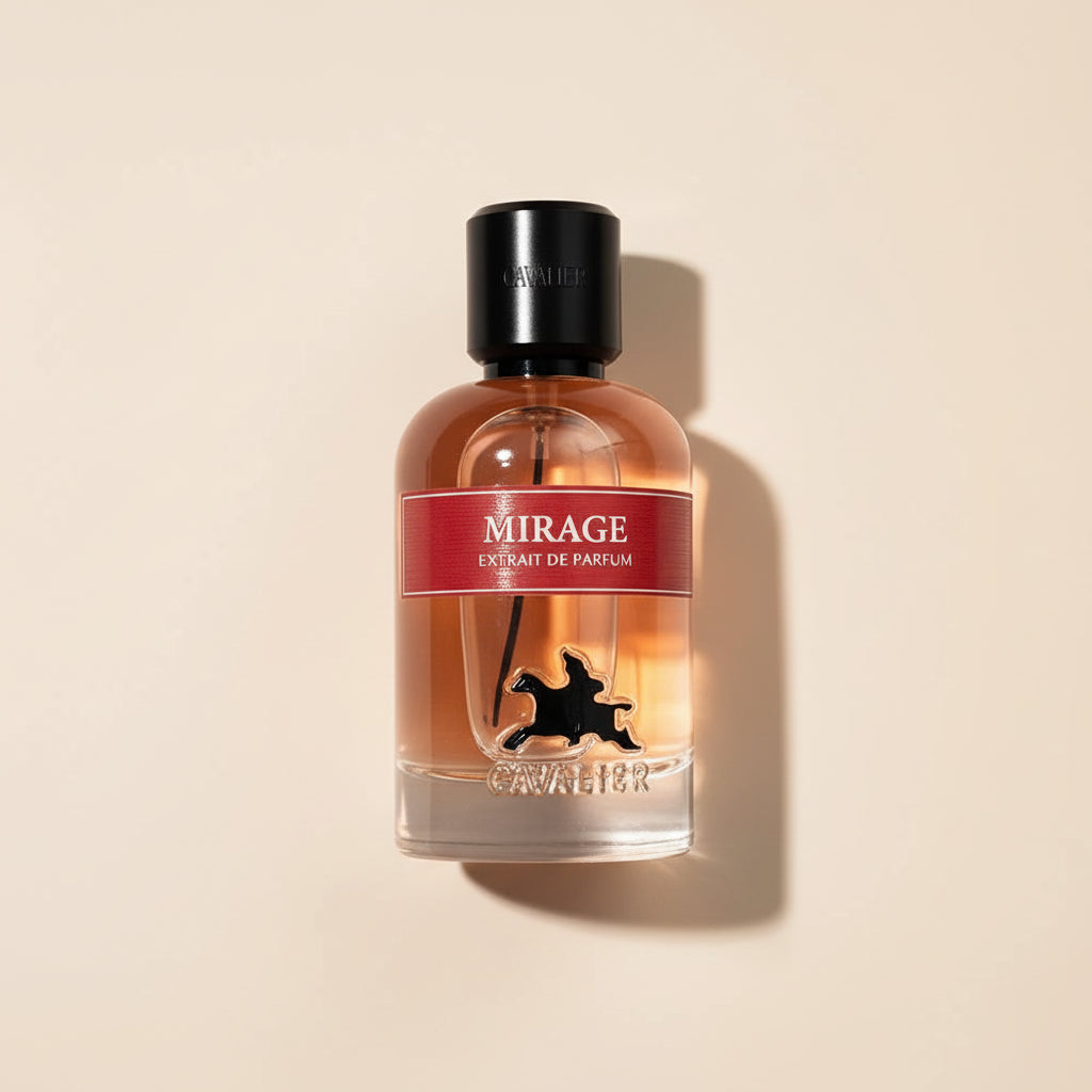 Perfume bottle labeled 'Mirage' on a white background