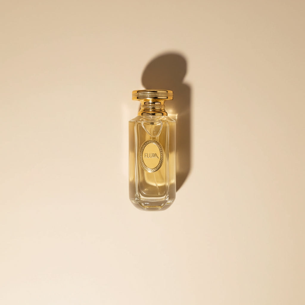 Perfume bottle with gold cap and black packaging on a white background