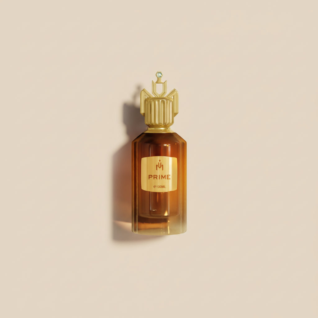 Perfume bottle with gold cap and label on a white background