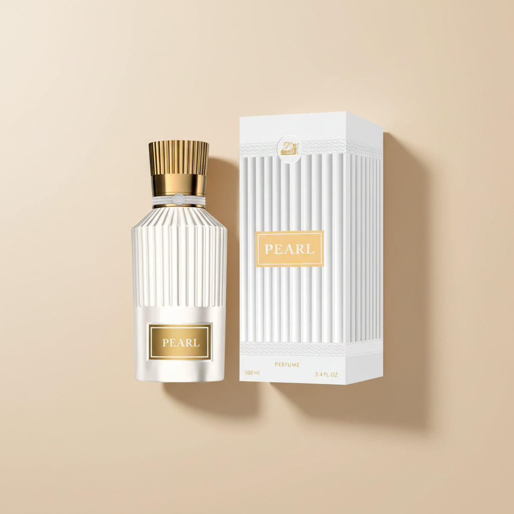 Pearl perfume bottle and packaging on a white background