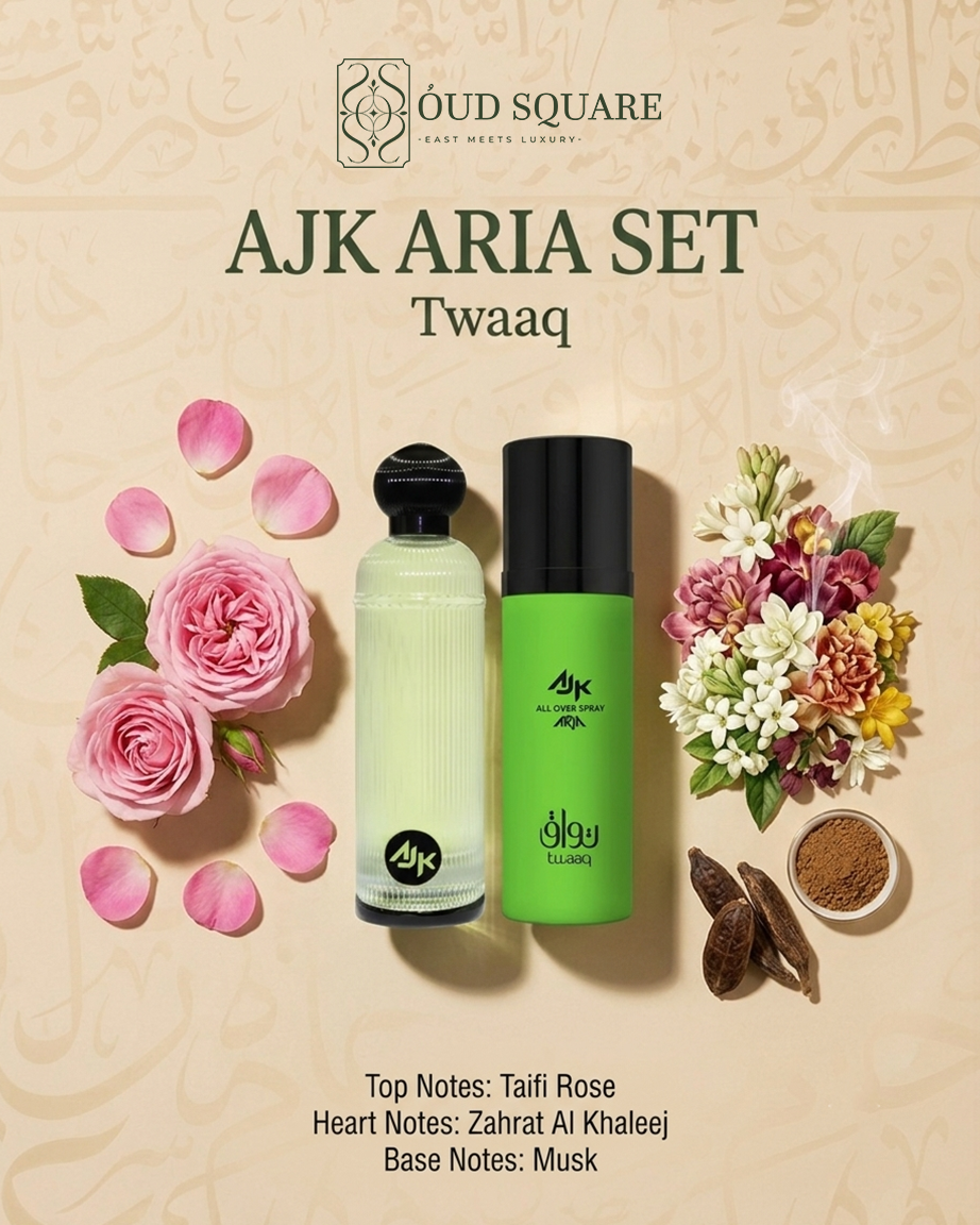 AJK Aria layering set with Taifi Rose and clean musk — Twaaq luxury fragrance duo from Oud Square
