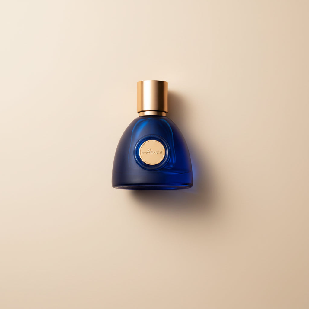 Blue perfume bottle with gold cap and label on a white background