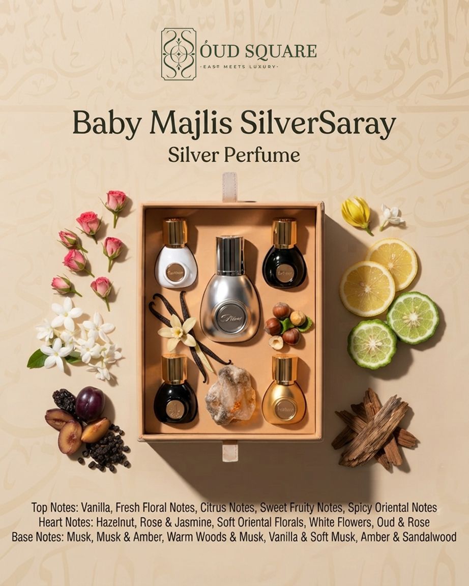 Baby Majlis Silver gift set by Saray — Silver 50ml perfume and four 15ml mini perfumes Arabian majlis gift