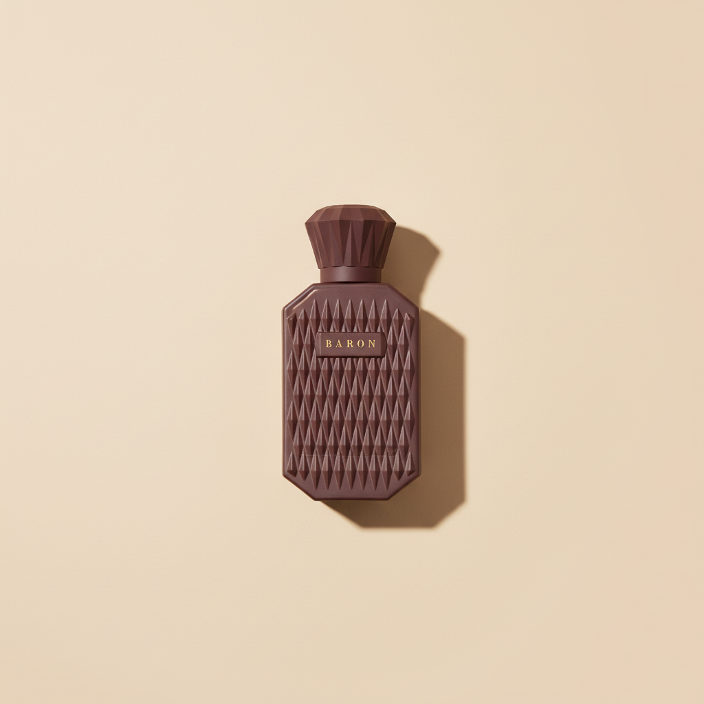 Brown perfume bottle with 'BARON' branding on a white background