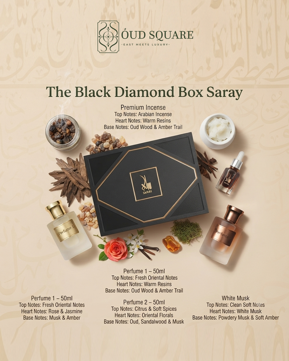 The Black Diamond Box by Saray — luxury Arabian fragrance gift with incense two perfumes oud oil and white musk