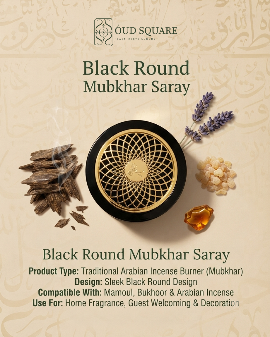 Black Round Mubkhar by Saray — sleek black round Arabian incense burner for Maamoul Bukhoor and incense