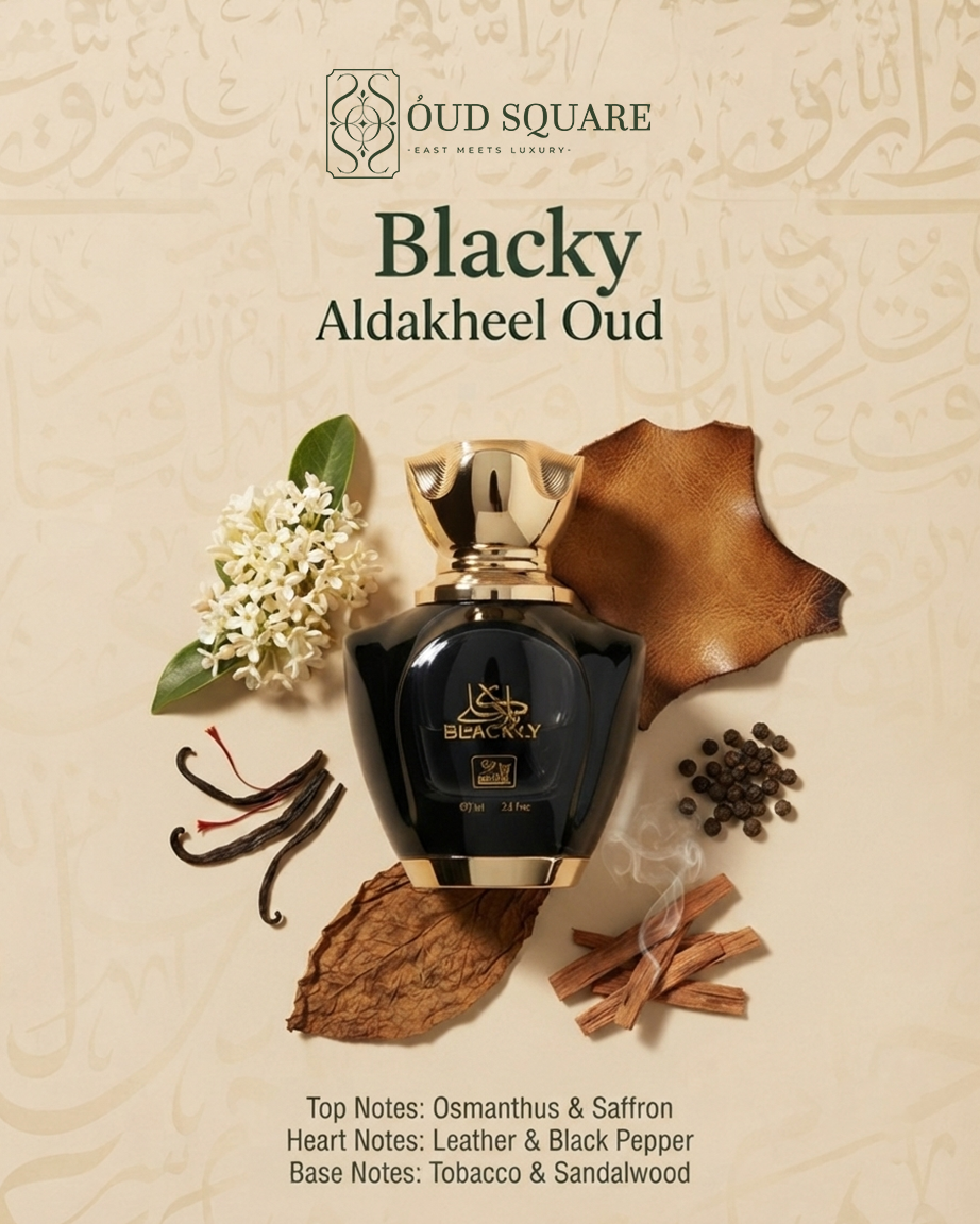 Blacky EDP by Aldakheel Oud — osmanthus saffron leather black pepper tobacco sandalwood dark seductive unisex