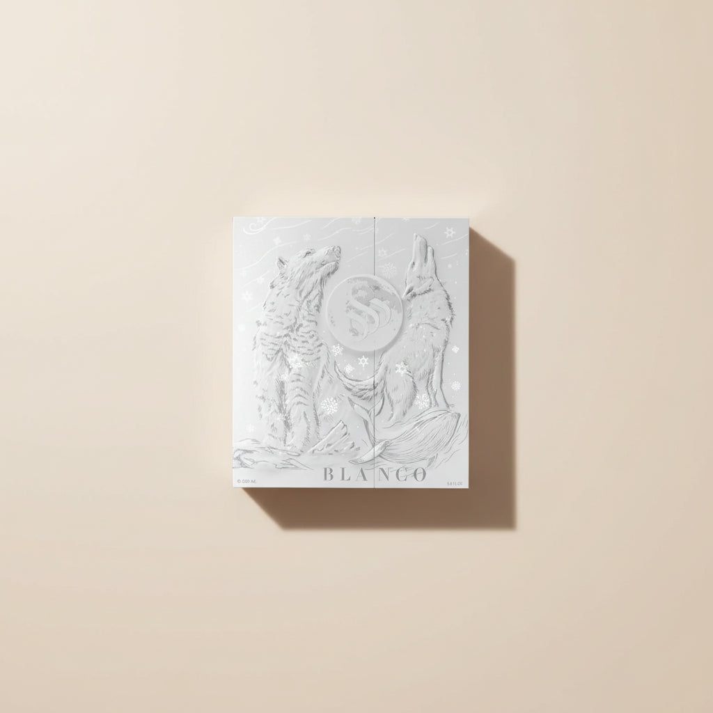 Product packaging with wolf design and 'BLANCO' branding on a white background