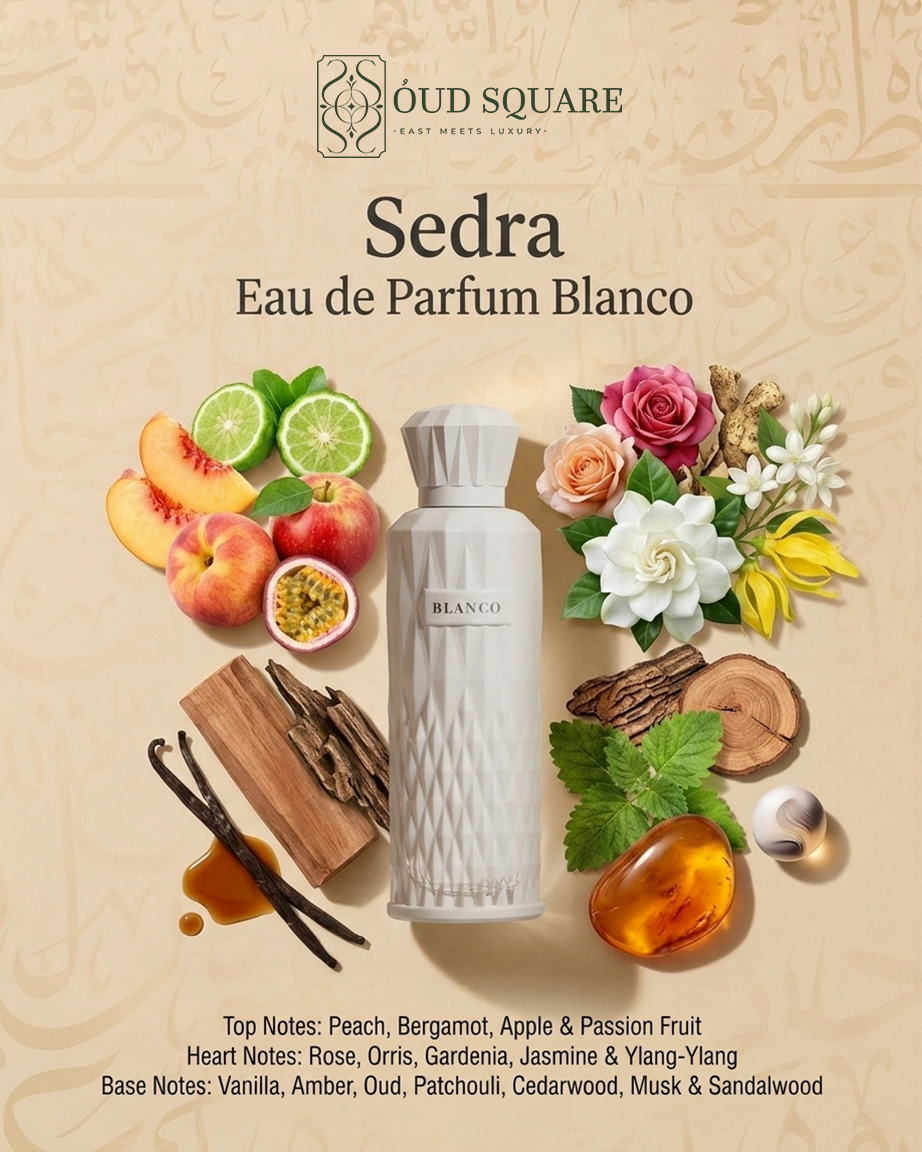 Blanco unisex eau de parfum with peach passion fruit jasmine and sandalwood — Sedra luxury fragrance
