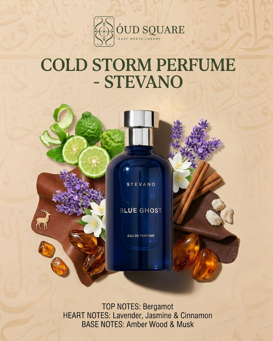 Blue Ghost men's eau de parfum with cinnamon nutmeg lavender and sandalwood patchouli — Stevano fragrance
