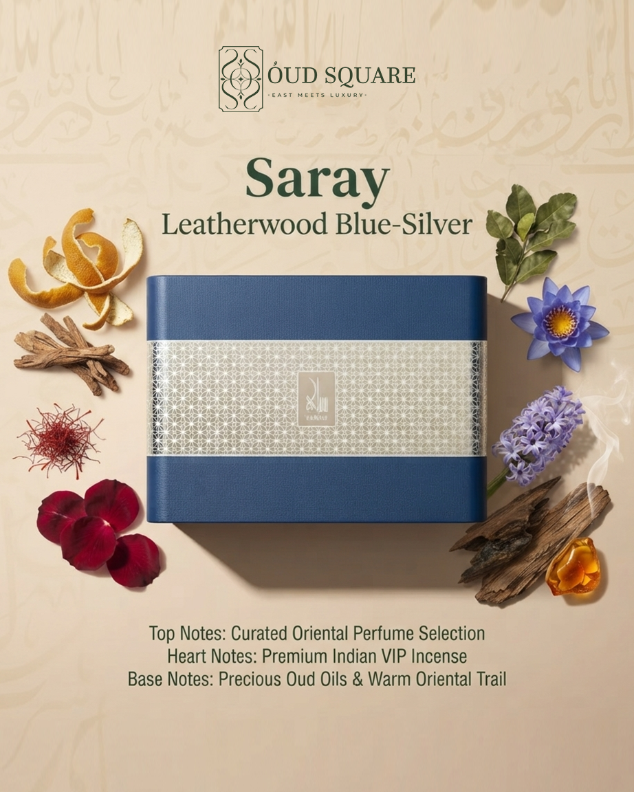 Box Leatherwood Blue-Silver by Saray — three 40ml perfumes Indian VIP Incense and two oud oils luxury gift