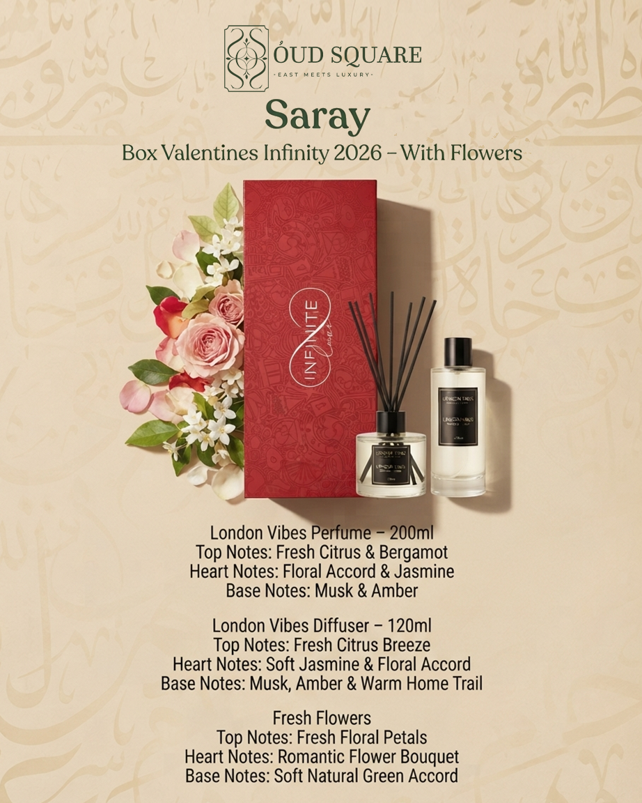 Box Valentines Infinity 2026 by Saray — London Vibes 200ml perfume 120ml diffuser and fresh flowers romantic gift