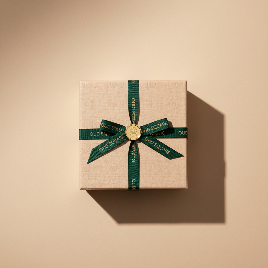 Gift box with a green ribbon on a beige background