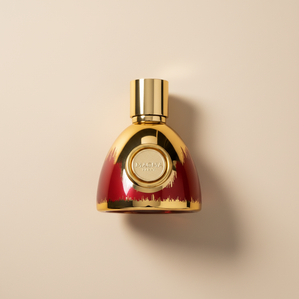 Gold and red perfume bottle on a white background