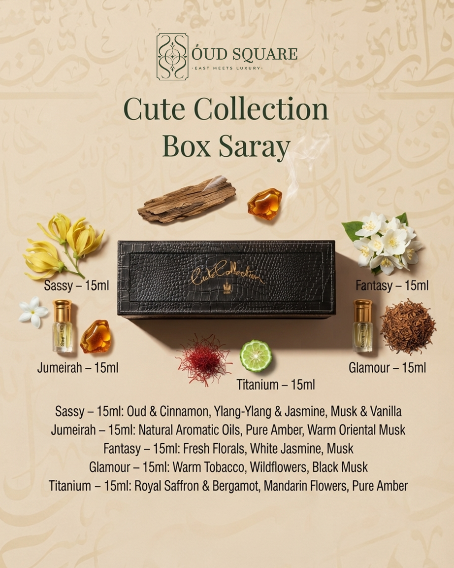 Cute Collection Box by Saray — five 15ml fragrances Sassy Jumeirah Fantasy Glamour Titanium gift set