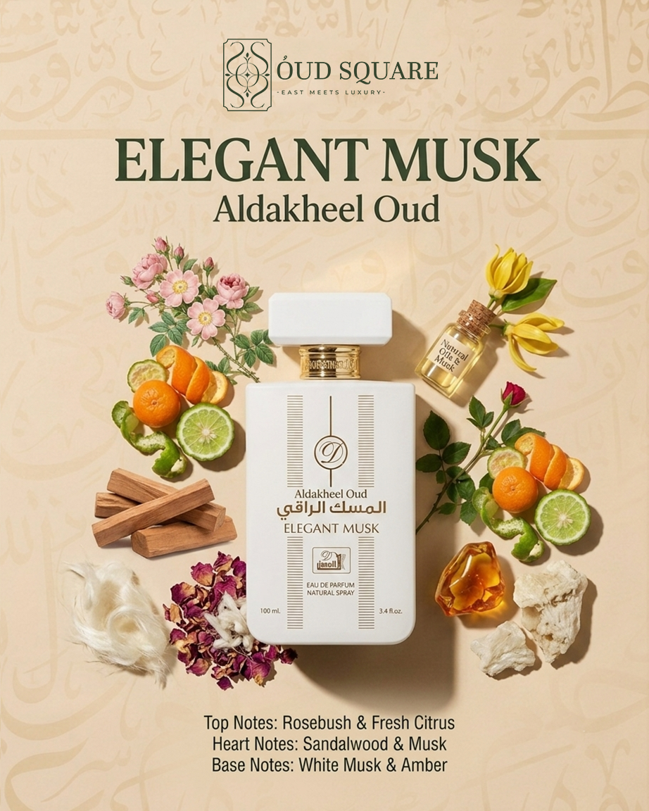 Elegant Musk EDP by Aldakheel Oud — soft clean unisex musk perfume with rosebush sandalwood and white musk
