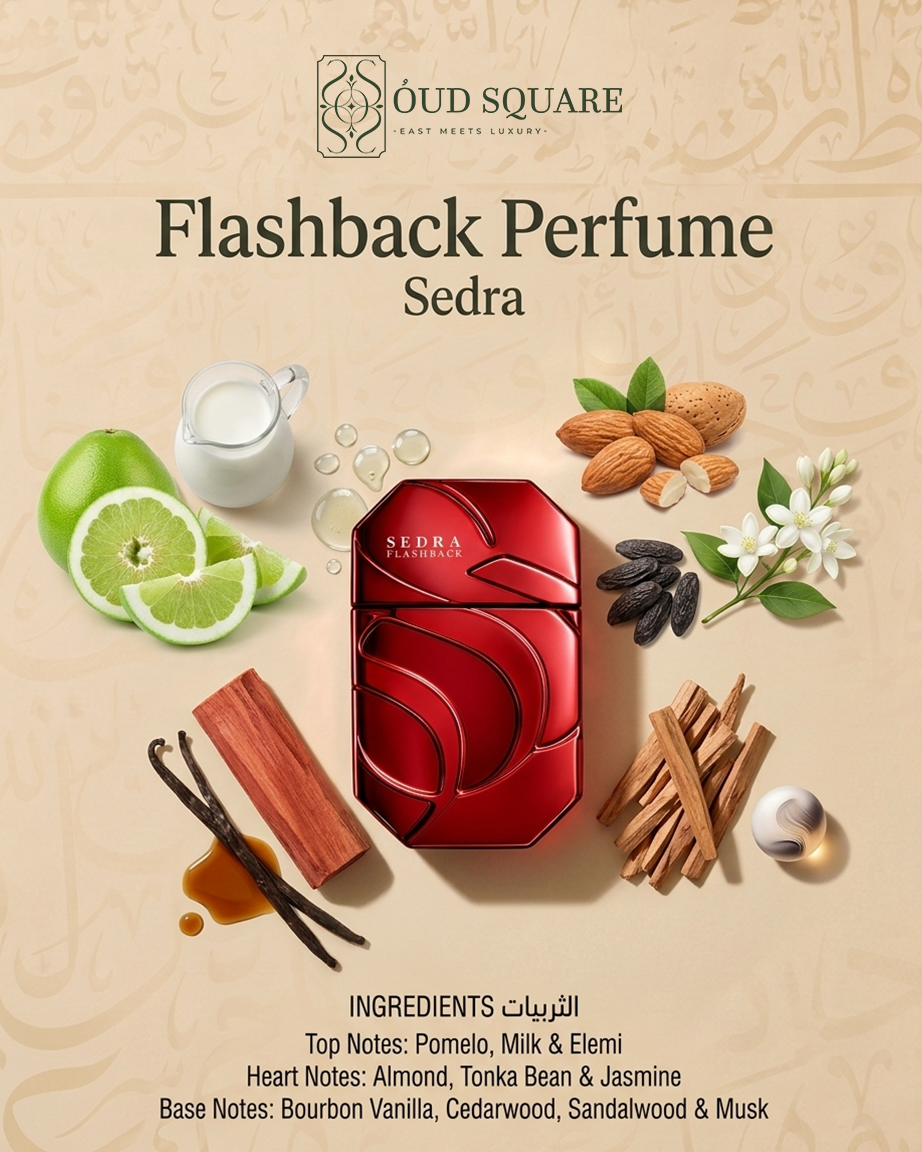 Flashback EDP 90ml by Sedra — creamy warm milk almond and vanilla unisex perfume bottle from Oud Square
