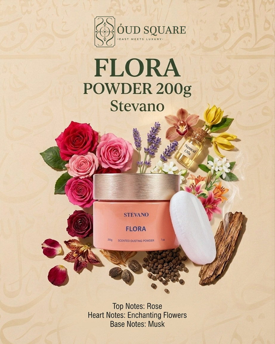 Flora Powder silky scented body powder with rose enchanting flowers and clean musk — feminine fragrance
