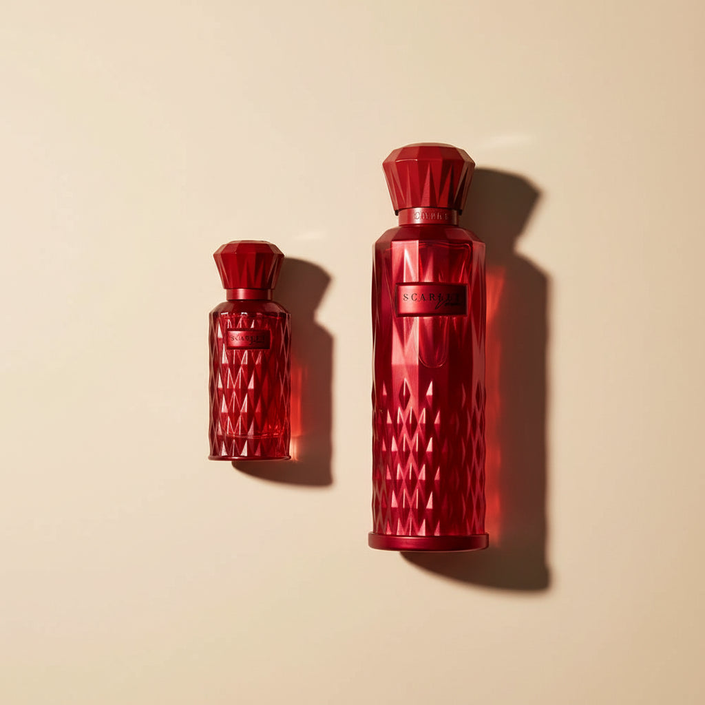 Red perfume bottle and packaging with 'Scarlet' branding on a white background