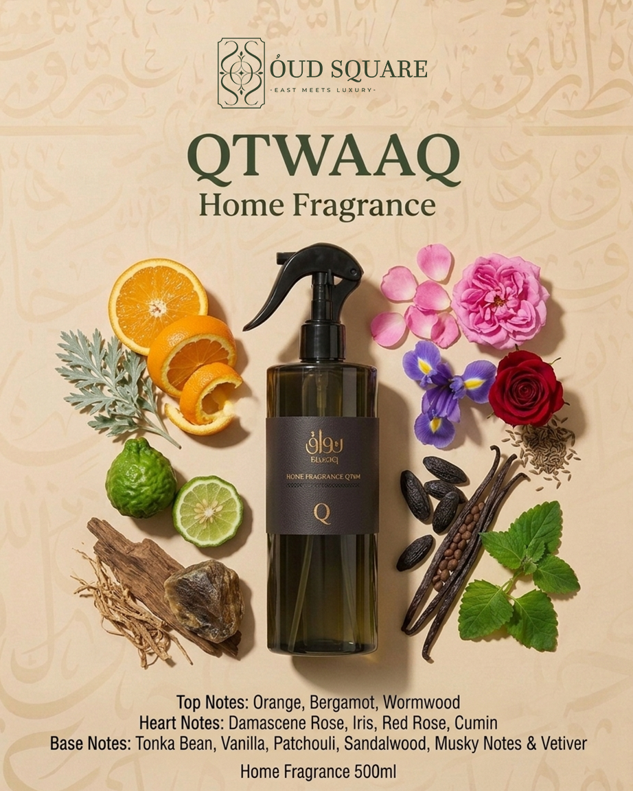 Home Fragrance Q room spray with Damascene rose iris and patchouli sandalwood — Twaaq elegant home scent
