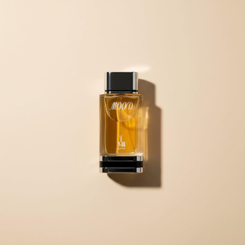 Perfume bottle with a black and white box on a white background