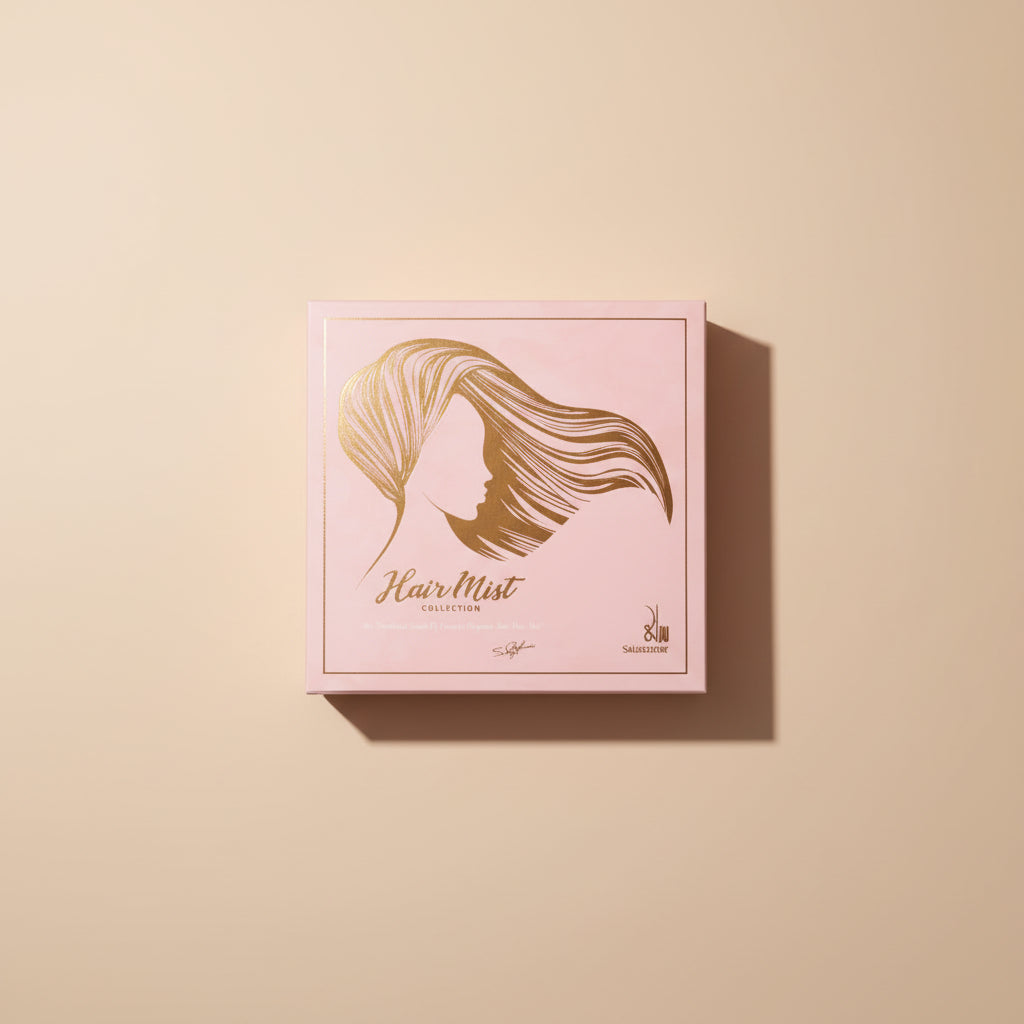 Hair mist collection with pink box featuring a woman's silhouette and 'Hair Mist Collection' text.