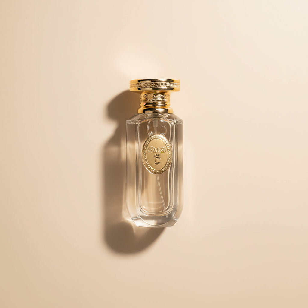 Perfume bottle with gold cap in a black box on a white background