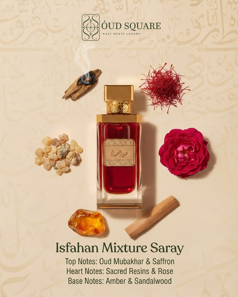 Isfahan Mixture Arabian Oud Mubakhar incense by Saray — sacred oud saffron resins rose and amber sandalwood