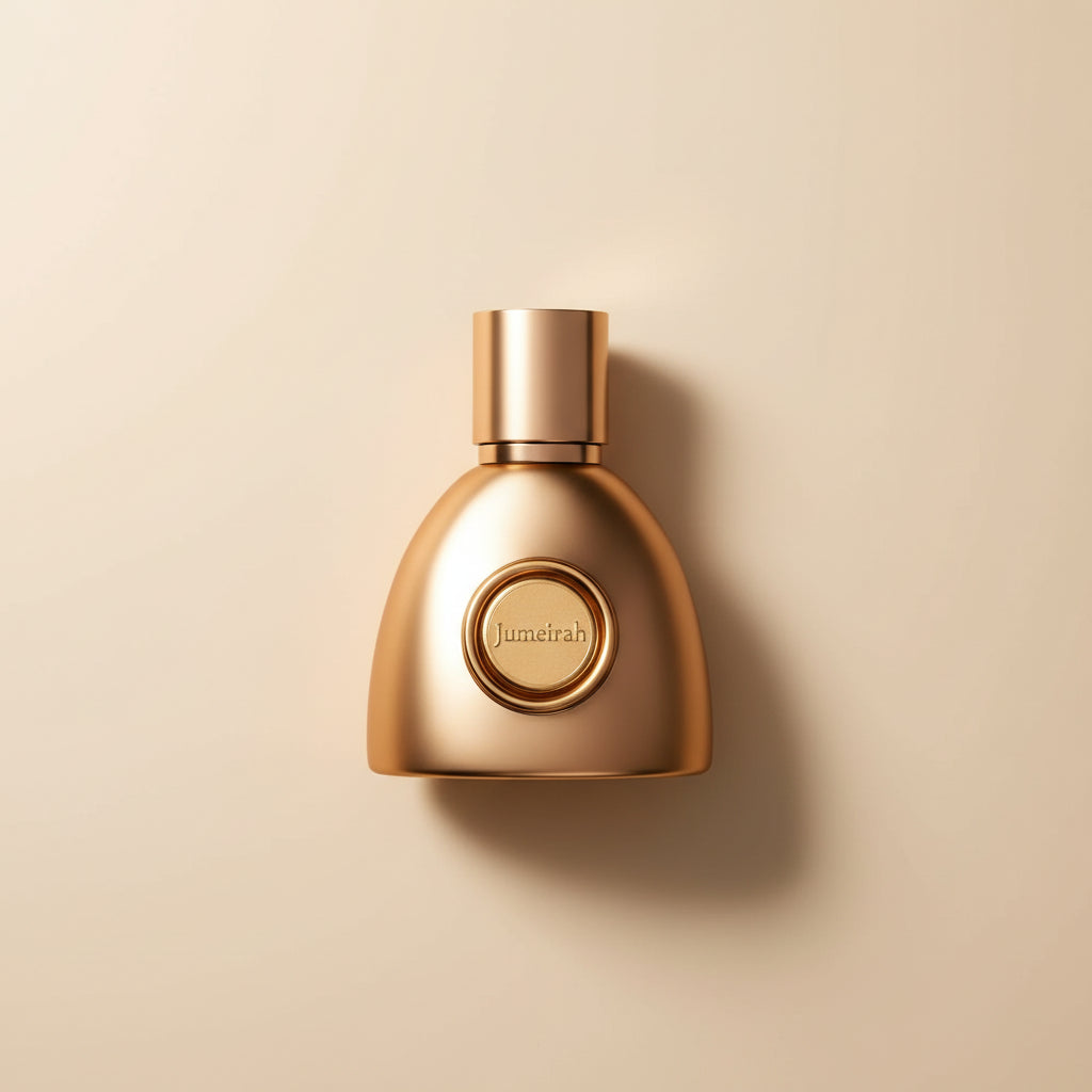 Gold perfume bottle with 'Junaid' branding on a white background