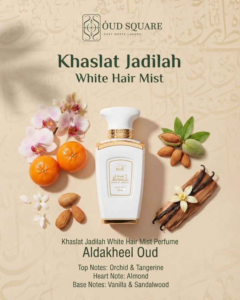 Khaslat Jadilah White Hair Mist by Aldakheel Oud — orchid tangerine almond vanilla sandalwood sweet feminine