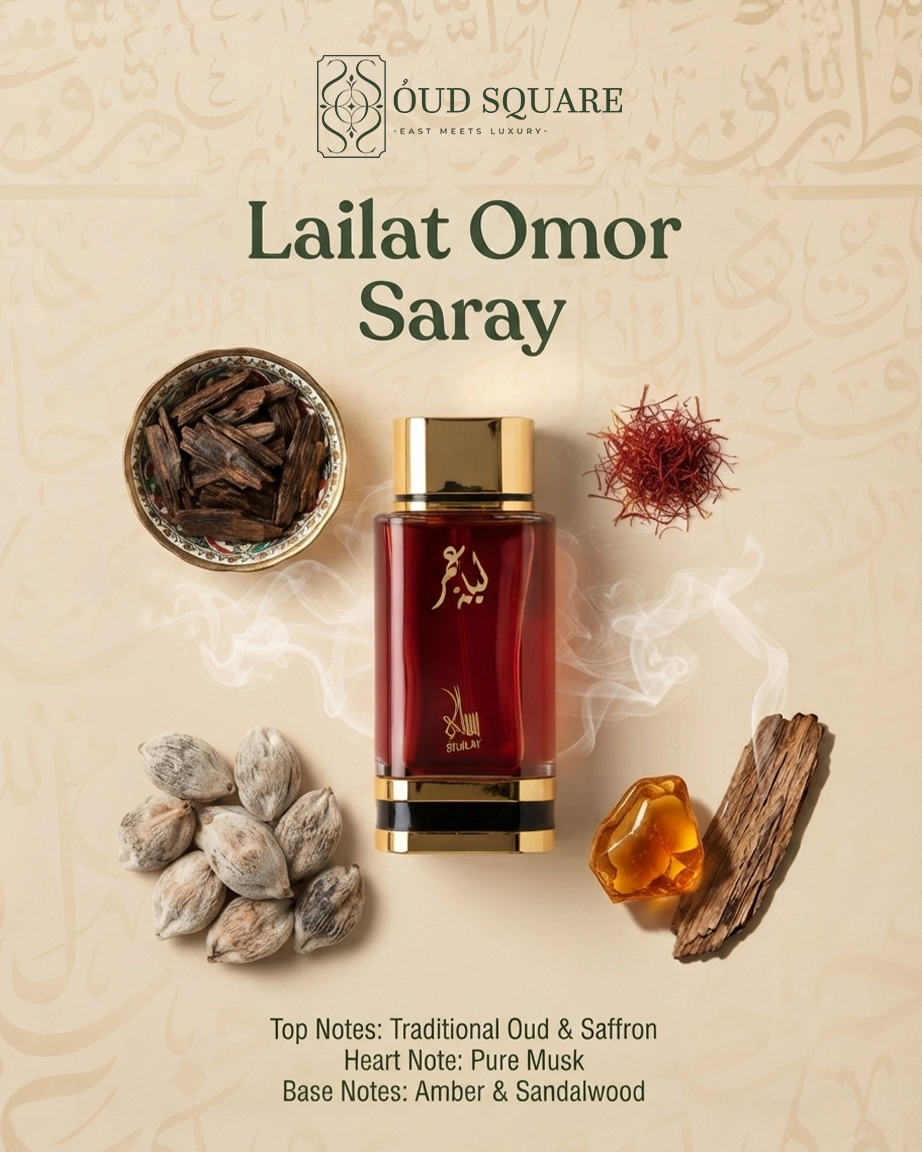 Lailat Omor EDP by Saray — oud saffron musk amber sandalwood luxury occasion Oriental unisex fragrance