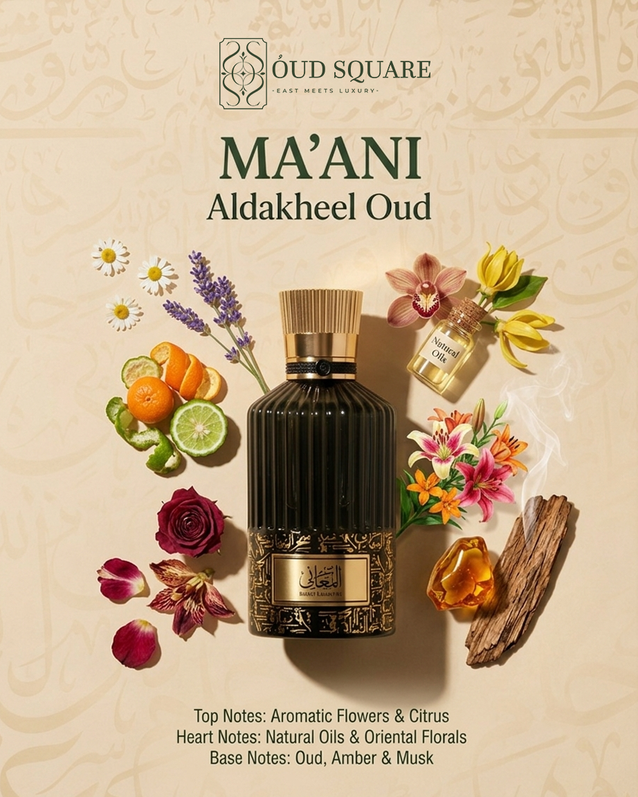 Ma'ani EDP by Aldakheel Oud — aromatic oriental oud unisex perfume with oriental florals and amber musk
