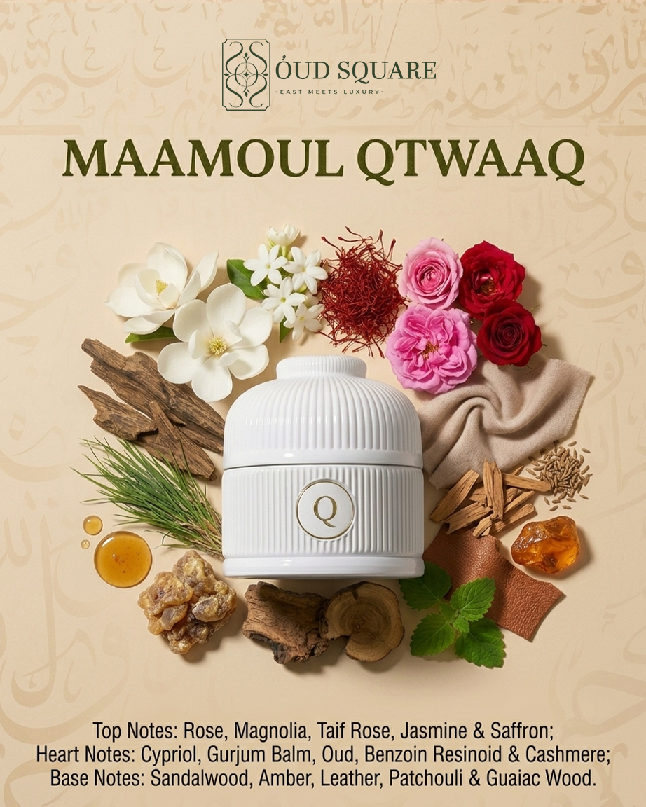 Maamoul Q perfumed incense with rose jasmine saffron and oud leather — luxury Arabian bukhoor from Oud Square
