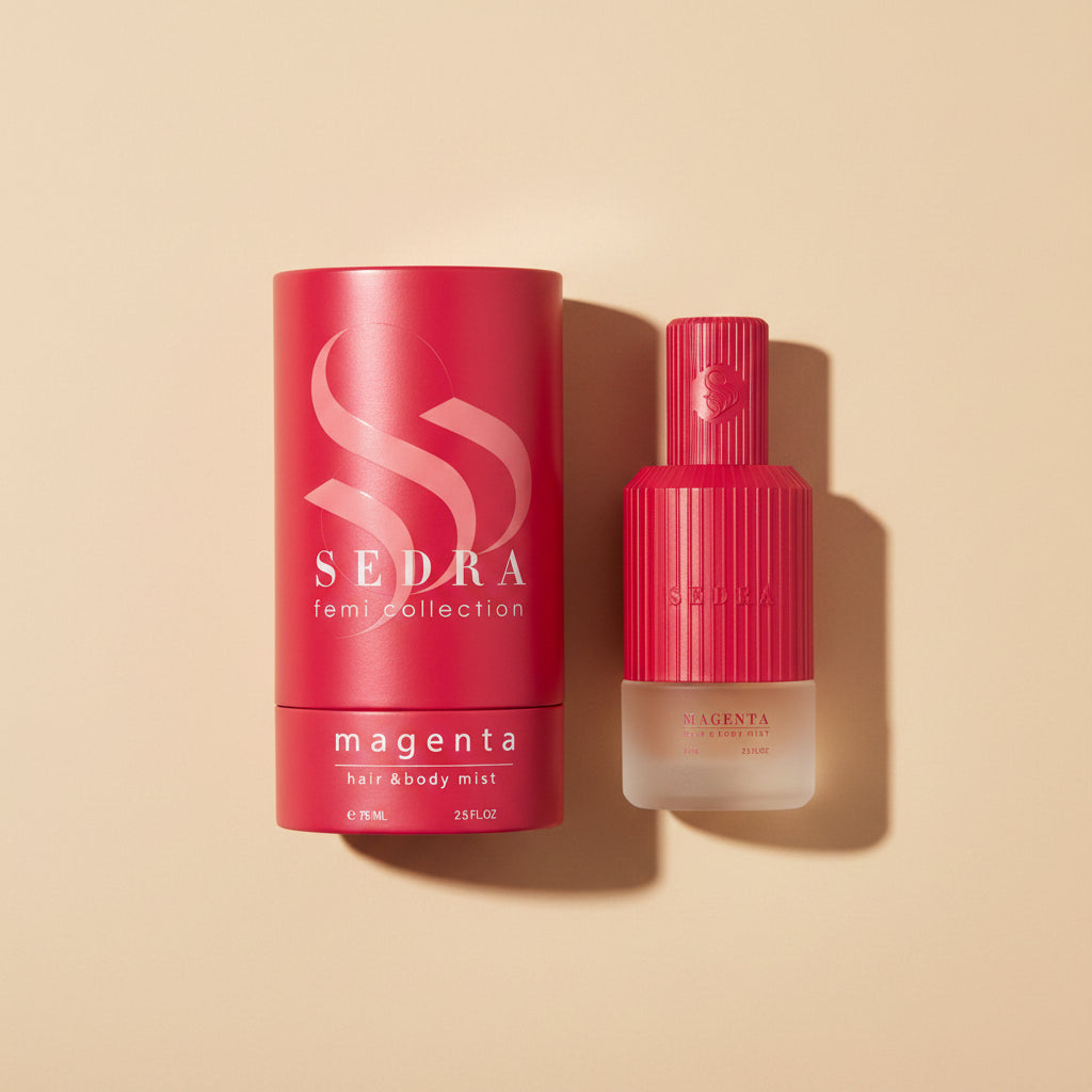 Red 'Sedra' hair and body mist packaging on a white background