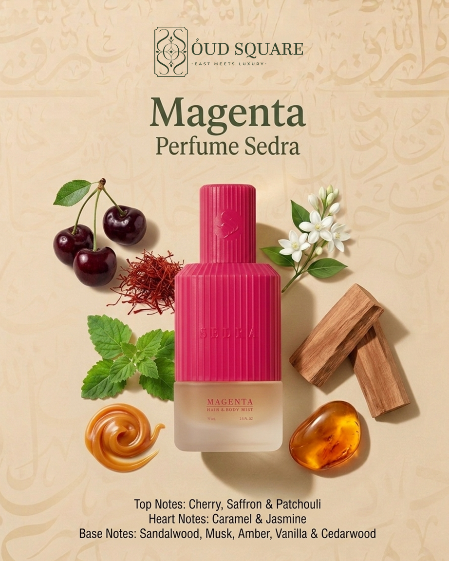 Magenta unisex eau de parfum with cherry saffron and caramel — Sedra warm fragrance
