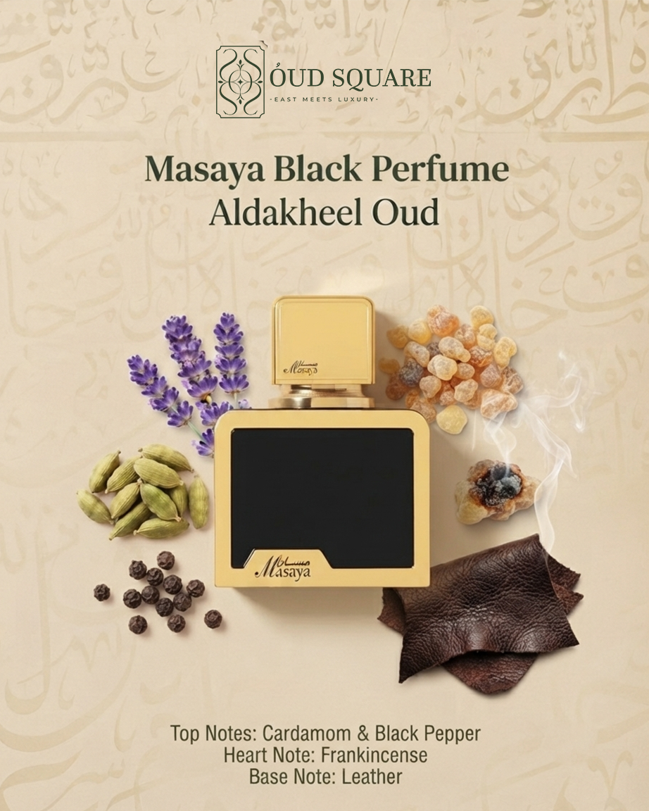 Masaya Black Parfum by Aldakheel Oud — cardamom black pepper frankincense leather dark commanding men's perfume