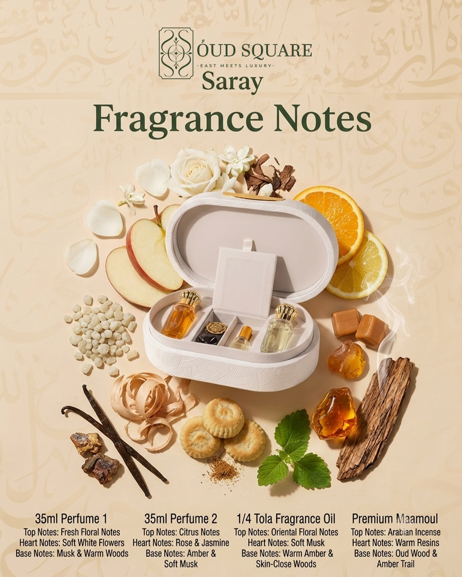 Mays Box gift set by Saray — two perfumes fragrance oil and maamoul luxury Arabian fragrance gift