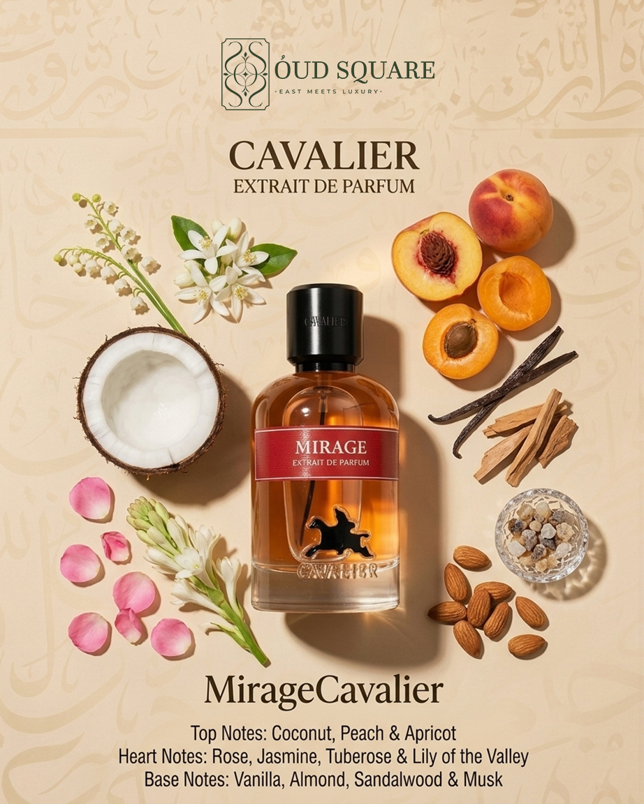 Mirage EDP 100ml by Cavalier — creamy floral luxury women's perfume with coconut peach rose tuberose and vanilla
