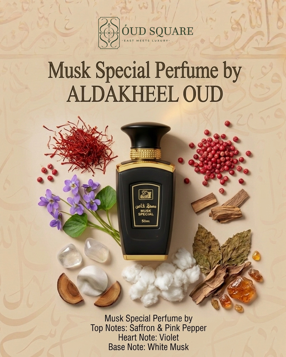 Musk Special EDP by Aldakheel Oud — warm powdery unisex musk perfume with saffron violet and white musk
