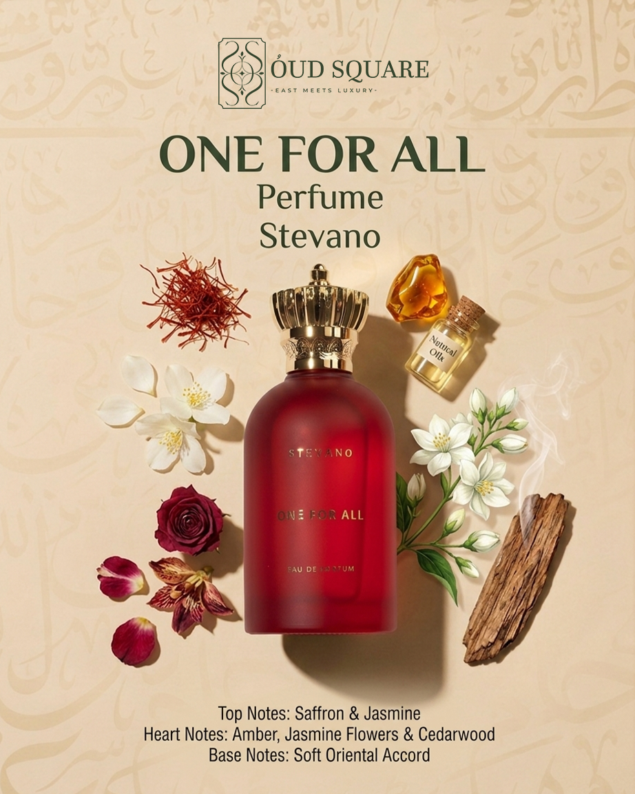 One for All unisex eau de parfum with saffron jasmine amber and cedarwood — Stevano elegant fragrance
