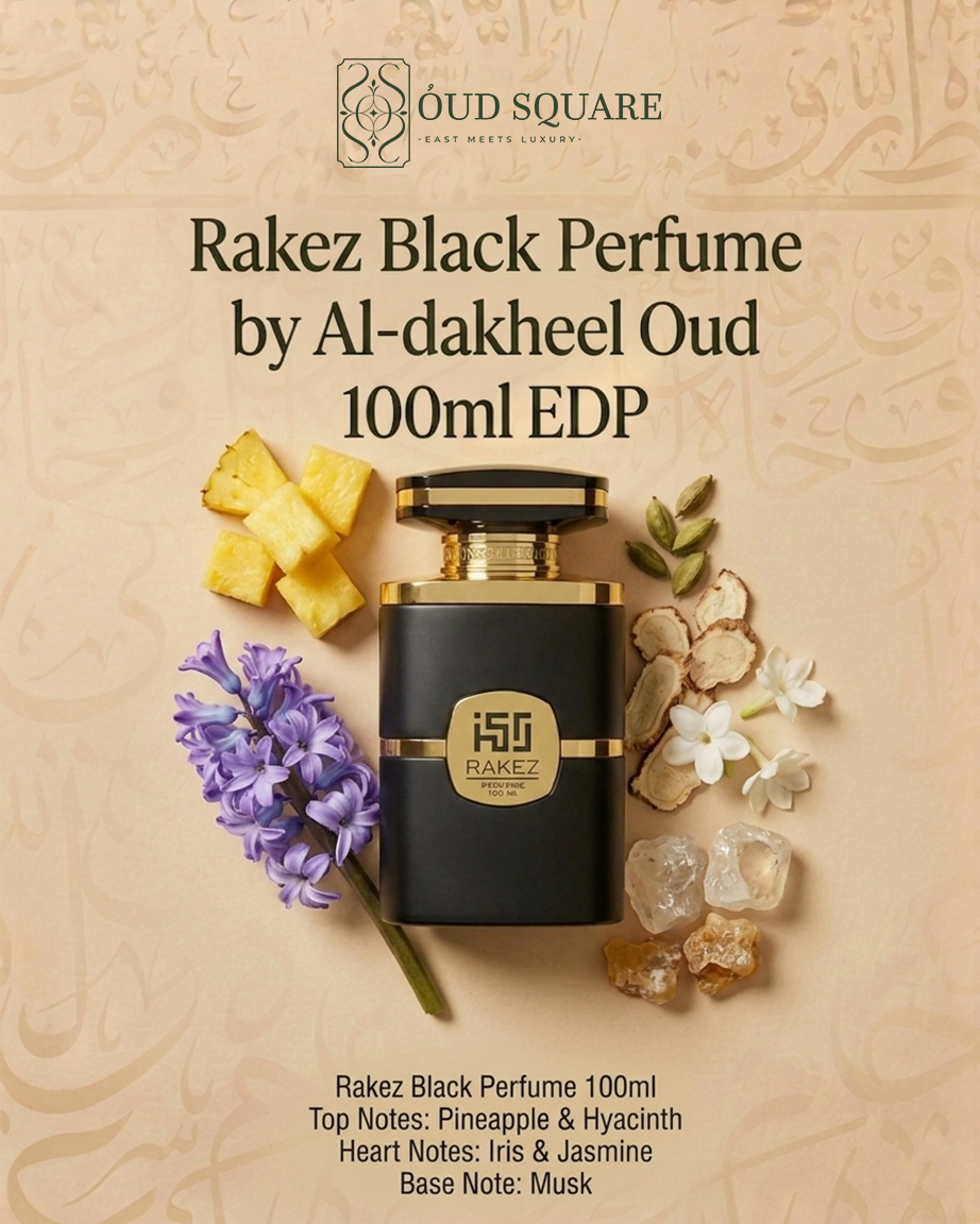 Rakez Black men's eau de parfum with pineapple hyacinth and iris — Aldakheel Oud modern fragrance
