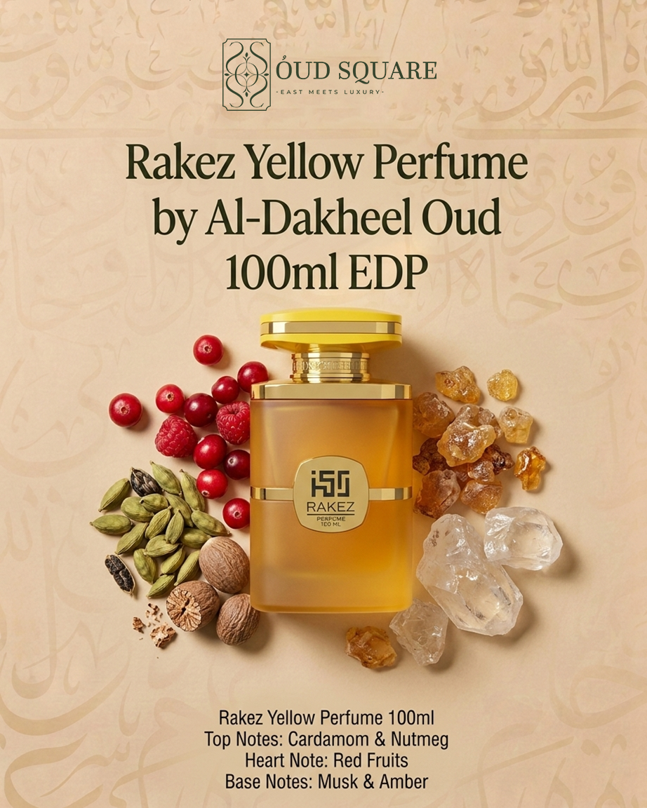 Rakez Yellow unisex eau de parfum with cardamom nutmeg and red fruits — Aldakheel Oud fragrance
