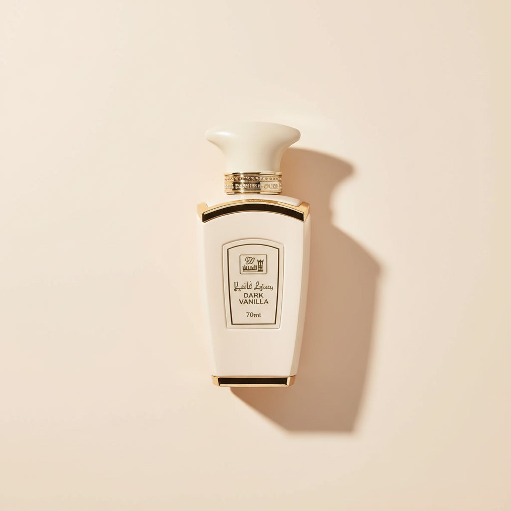 Beige and gold perfume bottle on a white background