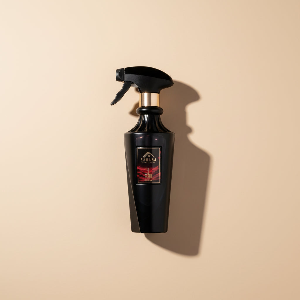 Black perfume spray bottle and cylindrical container with gold accents on a white background