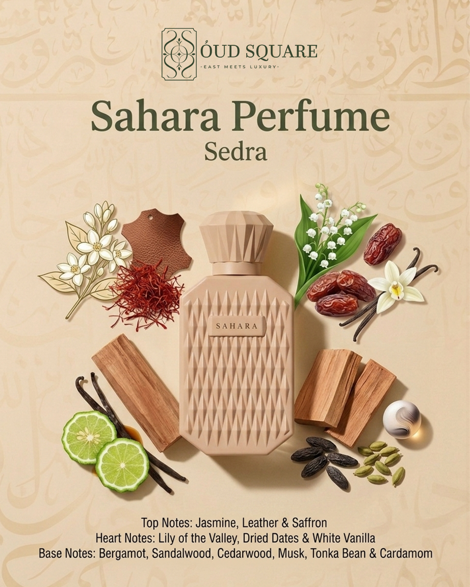 Sahara unisex eau de parfum with jasmine leather saffron and dried dates — Sedra warm fragrance
